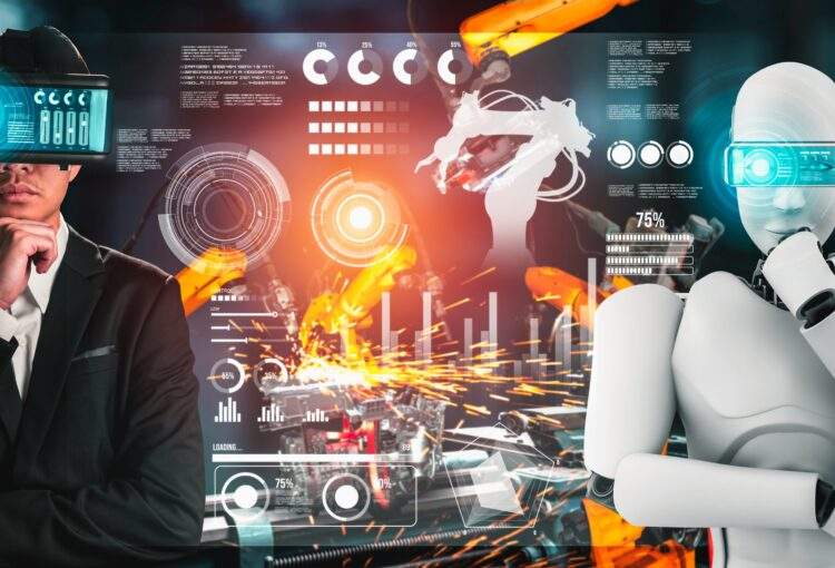 Mechanized industry robot and human worker working together in future factory